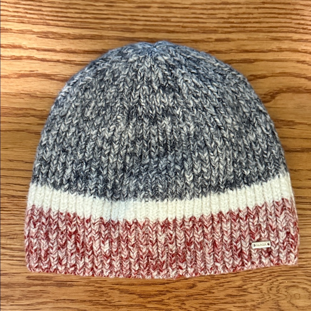 Tommy Hilfiger Gray, White, and Red Knit Beanie